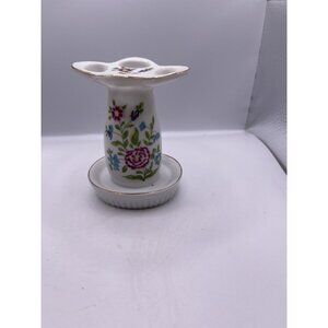 Vintage Enesco Ceramic Toothbrush Holder Flowers Bouquet Floral Gold Trim 4"